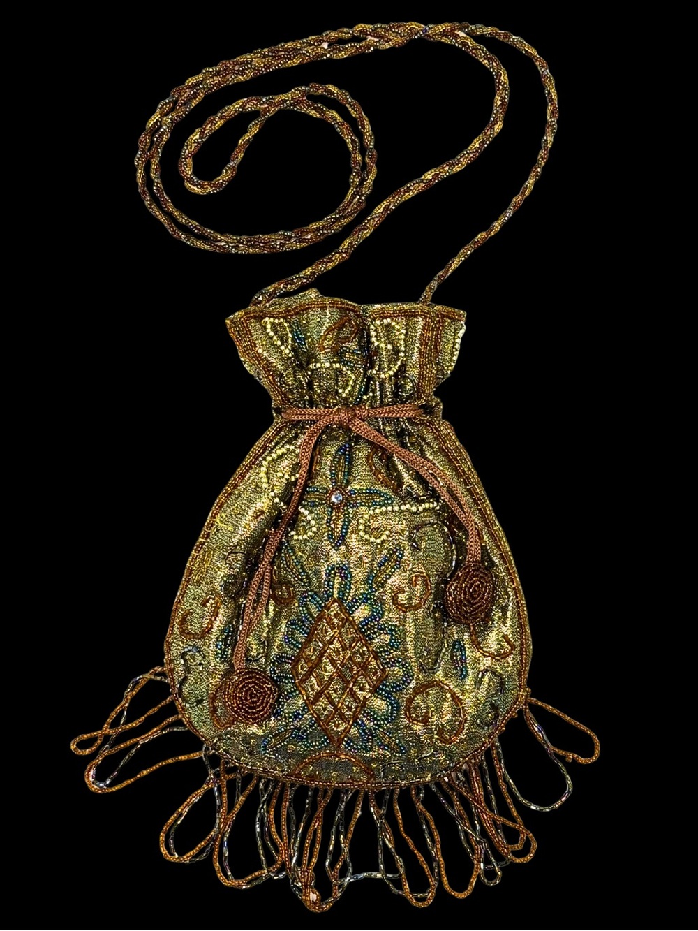 Y2K Gold Metallic Boho Fairycore Beaded Drawstring Evening Bag